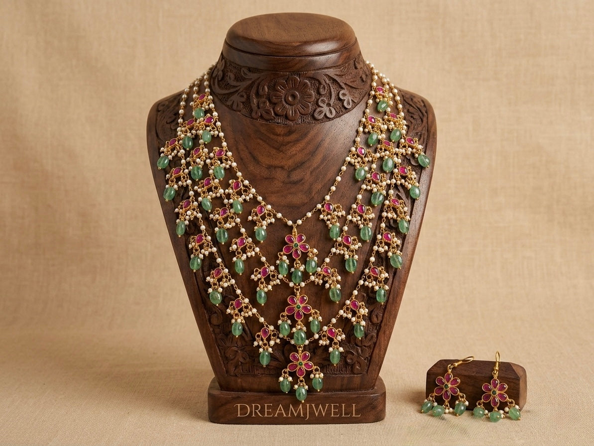Gold tone pink-green kundan jadau multi layer pearl cluster green beads haar set dj-40615