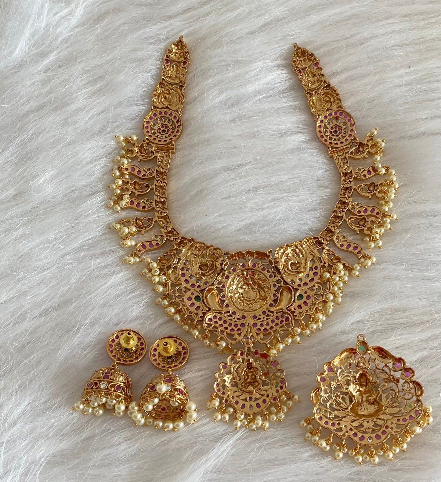 Antique gold tone lakshmi peacock necklace with changeable pendants set dj-54441