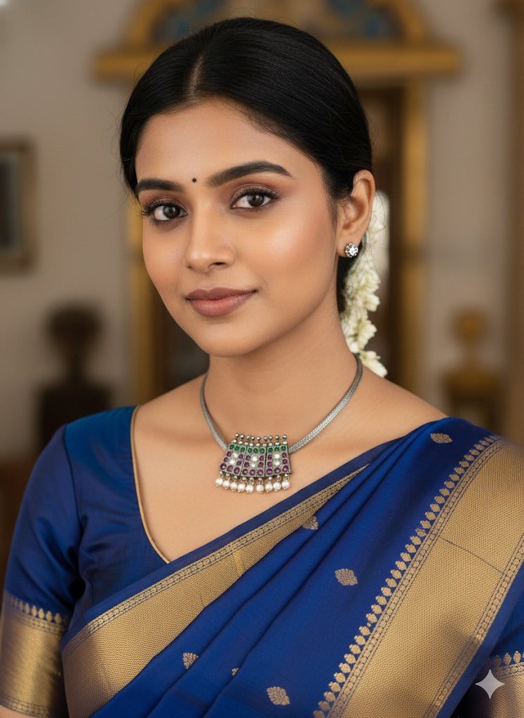 Black finish precious kemp-green pearl poothali necklace dj-52277