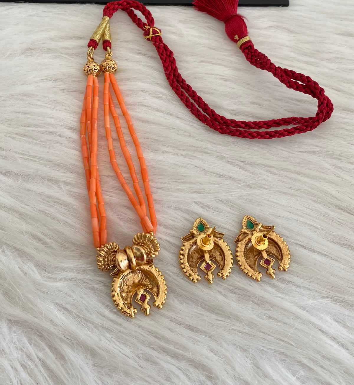 Antique gold tone coral nakshi beaded moon necklace set dj-54965