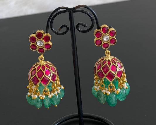 Gold tone pink-white stone kundan jadau jhumkka dj-53585