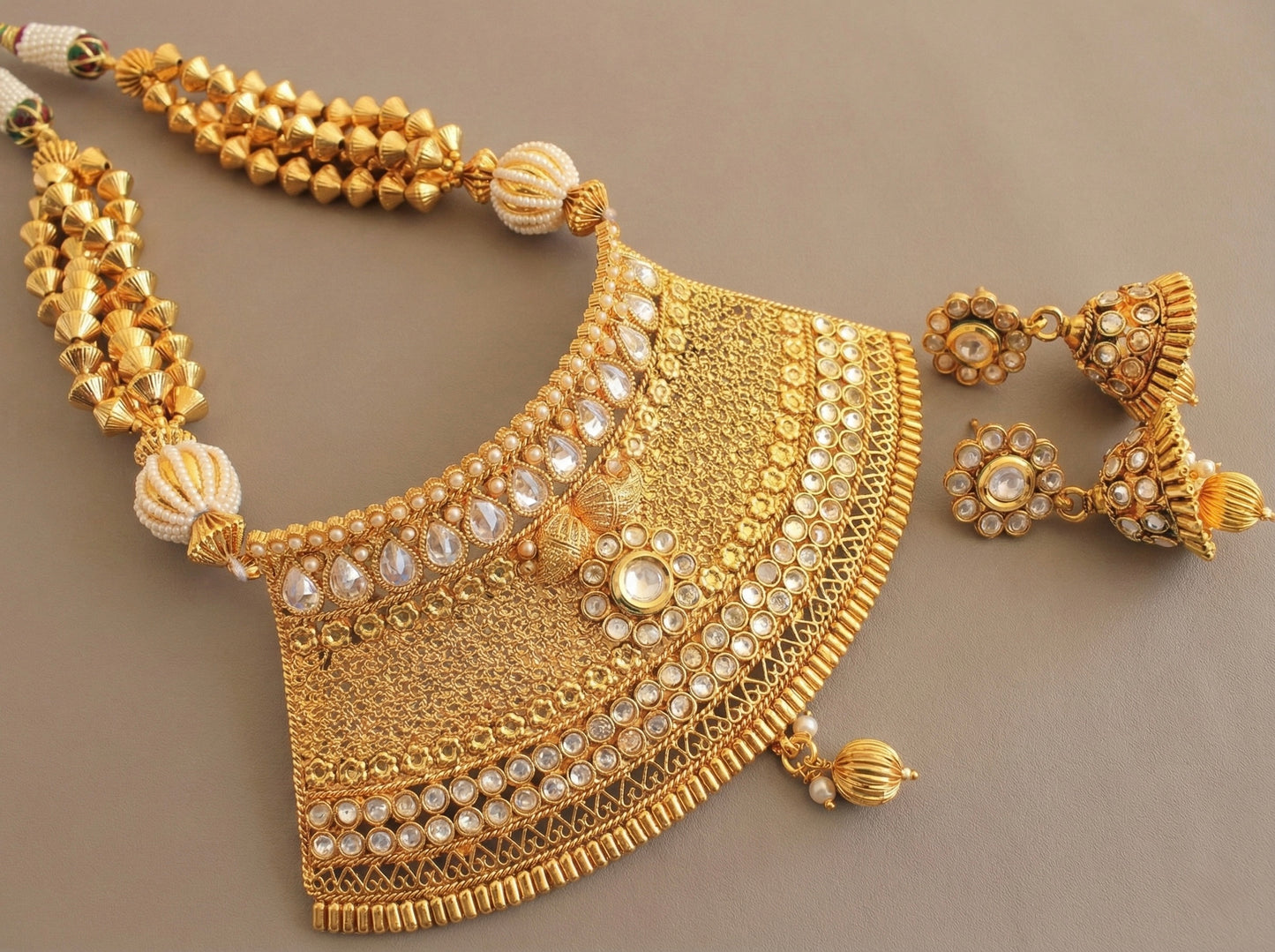 Antique gold tone beaded choker necklace set-dj07607