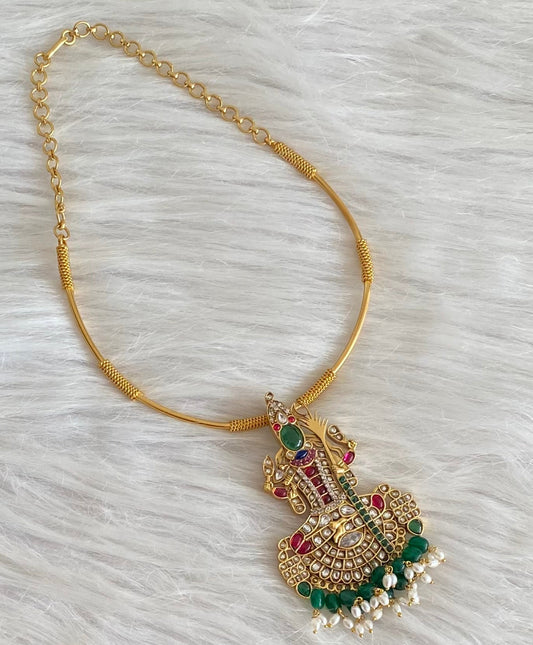 Antique gold tone lakshmi green beaded pendant hasli necklace dj-54073