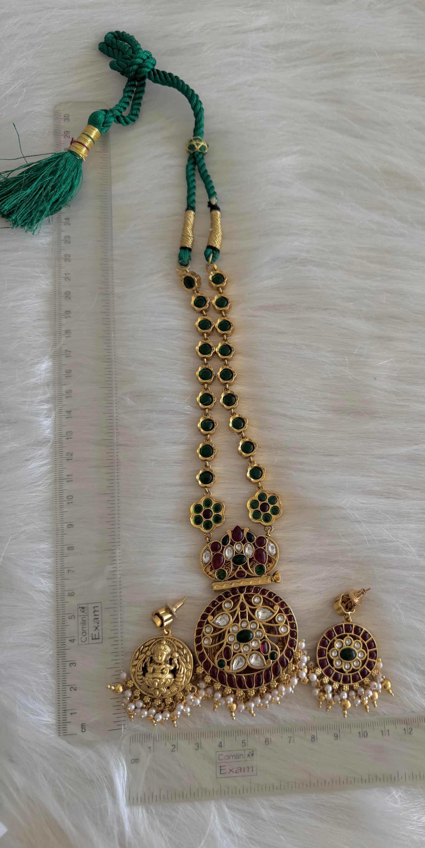 Matte finish kemp-green reversible flower Lakshmi necklace set dj-51215