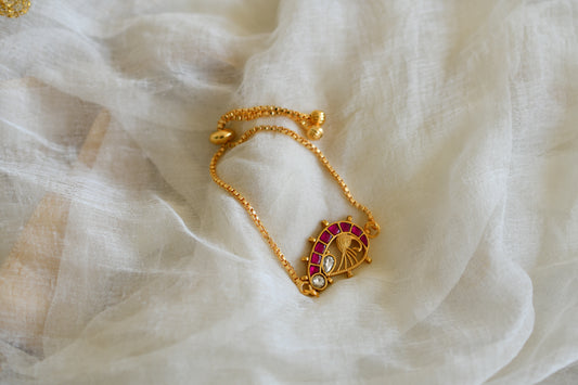 Gold tone pink kundan jadau peacock bracelet dj-52666