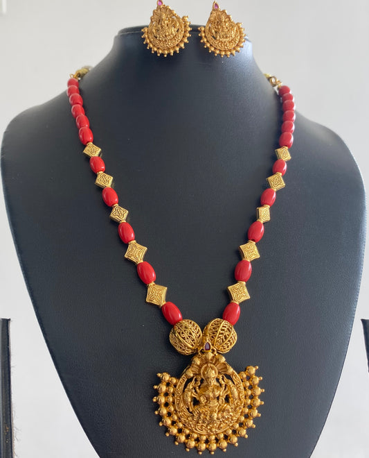Matte finish coral-kemp stone lakshmi necklace set dj-46329