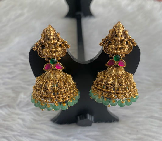 Antique gold tone pink-green beaded Lakshmi jhumkka dj-51048