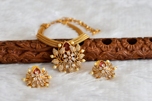 Matte finish cz pink pearl pendant necklace set dj-51829