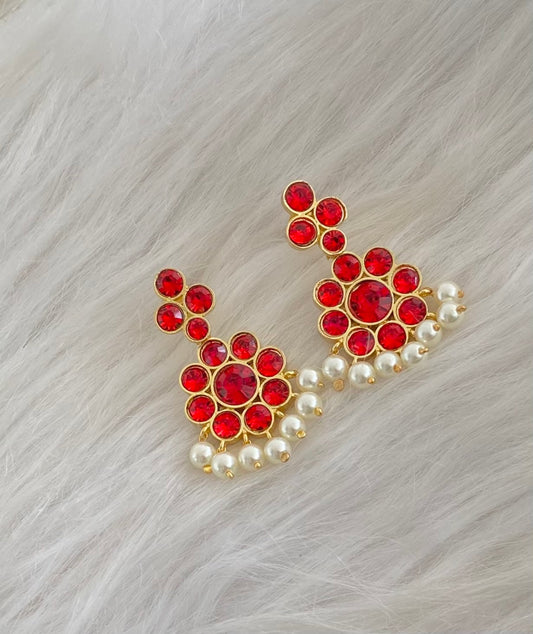 Gold tone AD red stone pearl flower earrings dj-55135