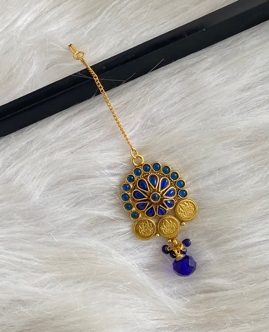 Gold tone blue stone lakshmi coin tikka dj-54793