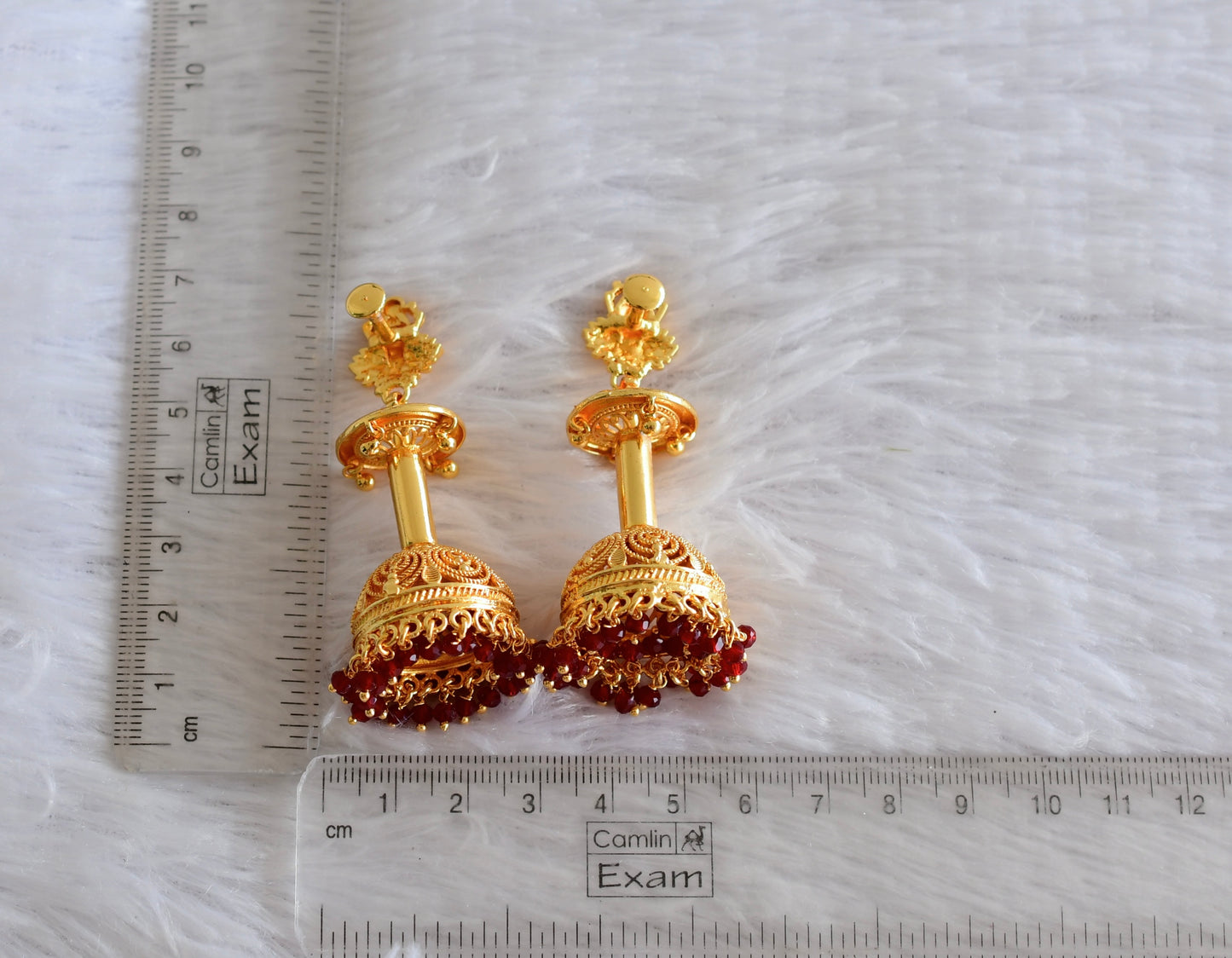 Gold Tone Kerala style Maroon Lakshmi long jhumkka dj-51801