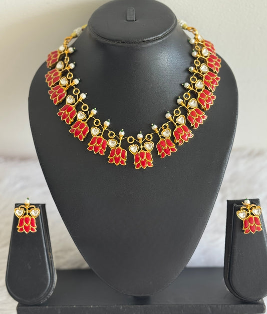 Gold tone coral-white kundan jadau lotus necklace set dj-51543