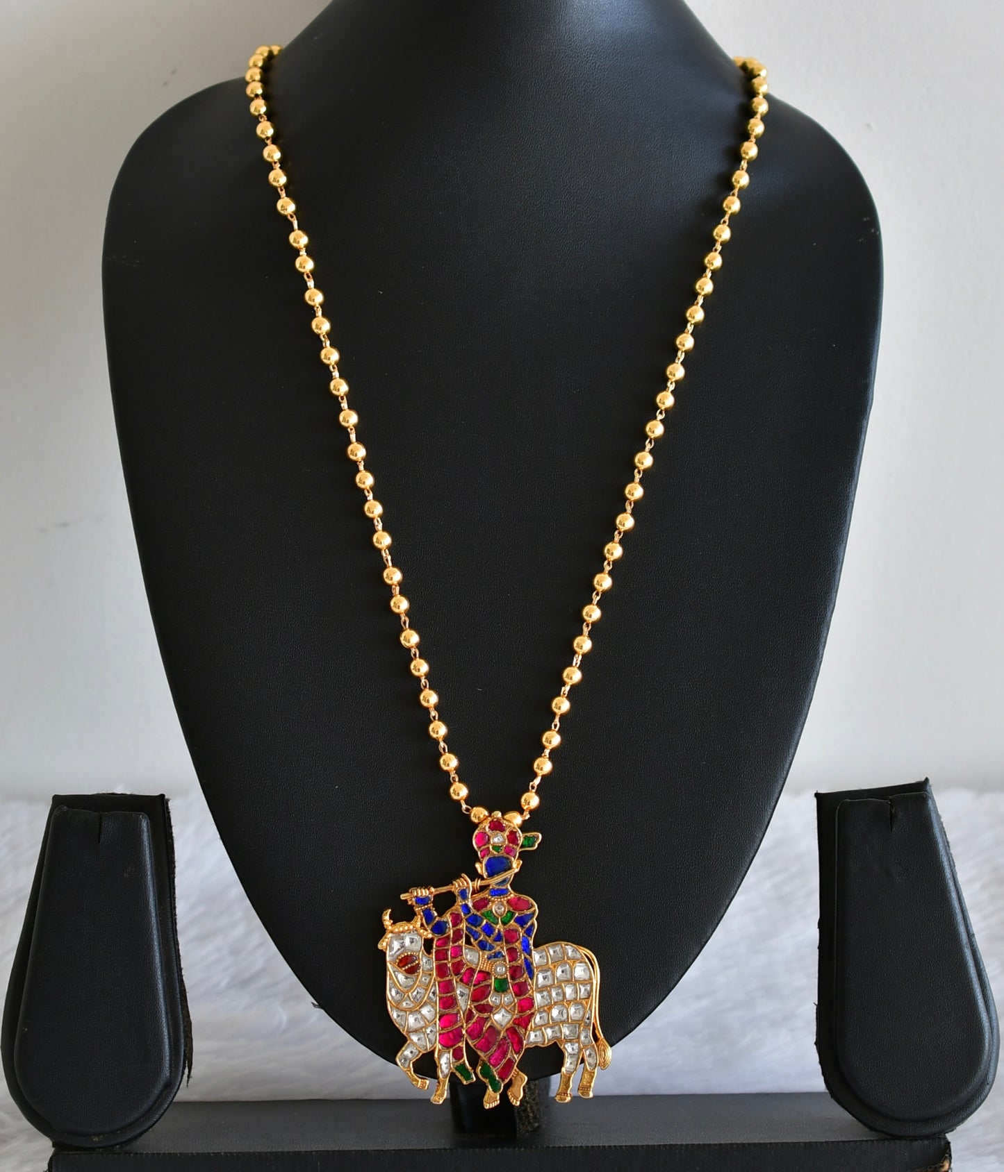 Gold tone pink-blue-green kundan jadau Shri Krishna necklace dj-52575