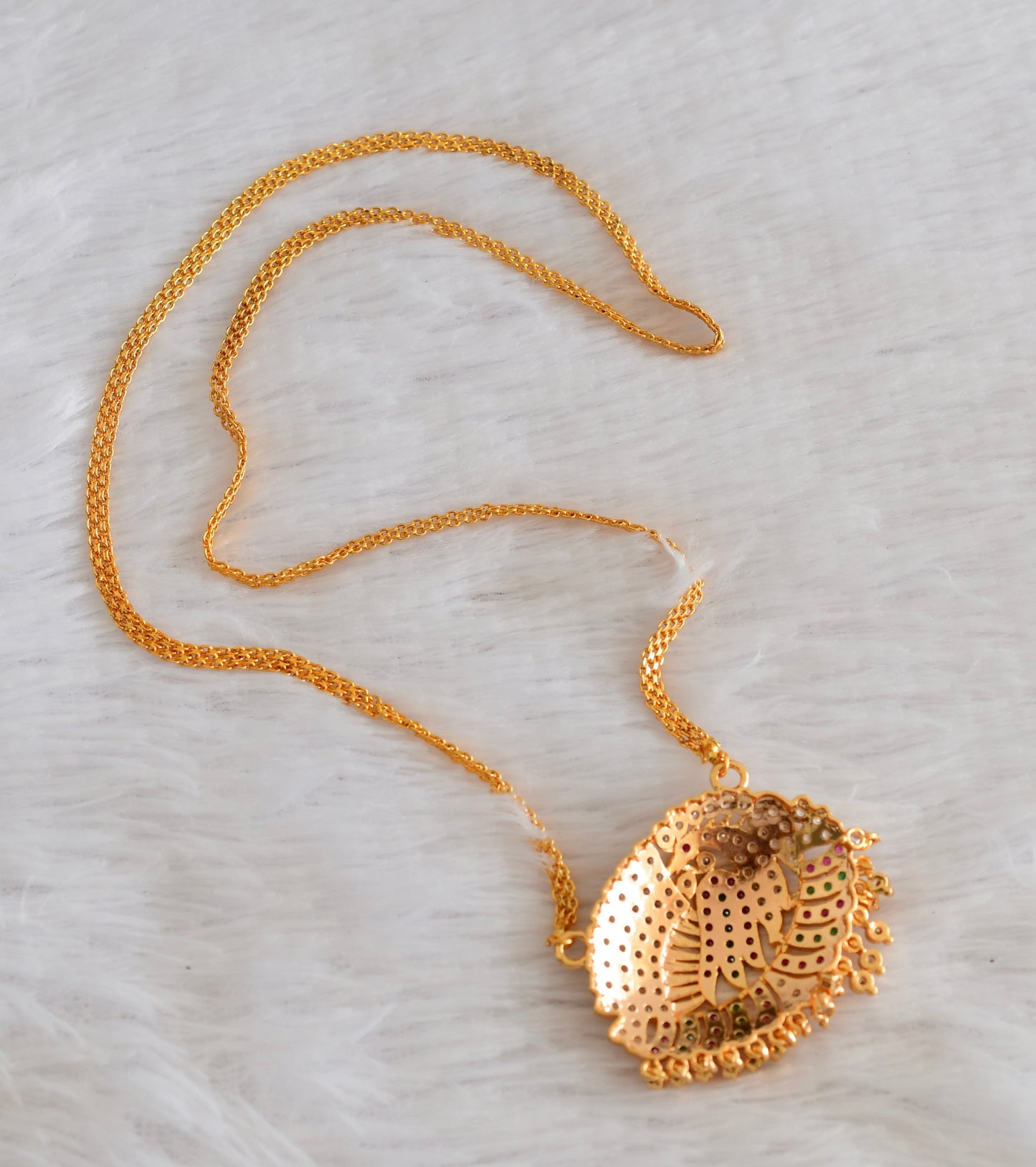 Gold tone AD pink-white-green peacock pendant with chain dj-53319