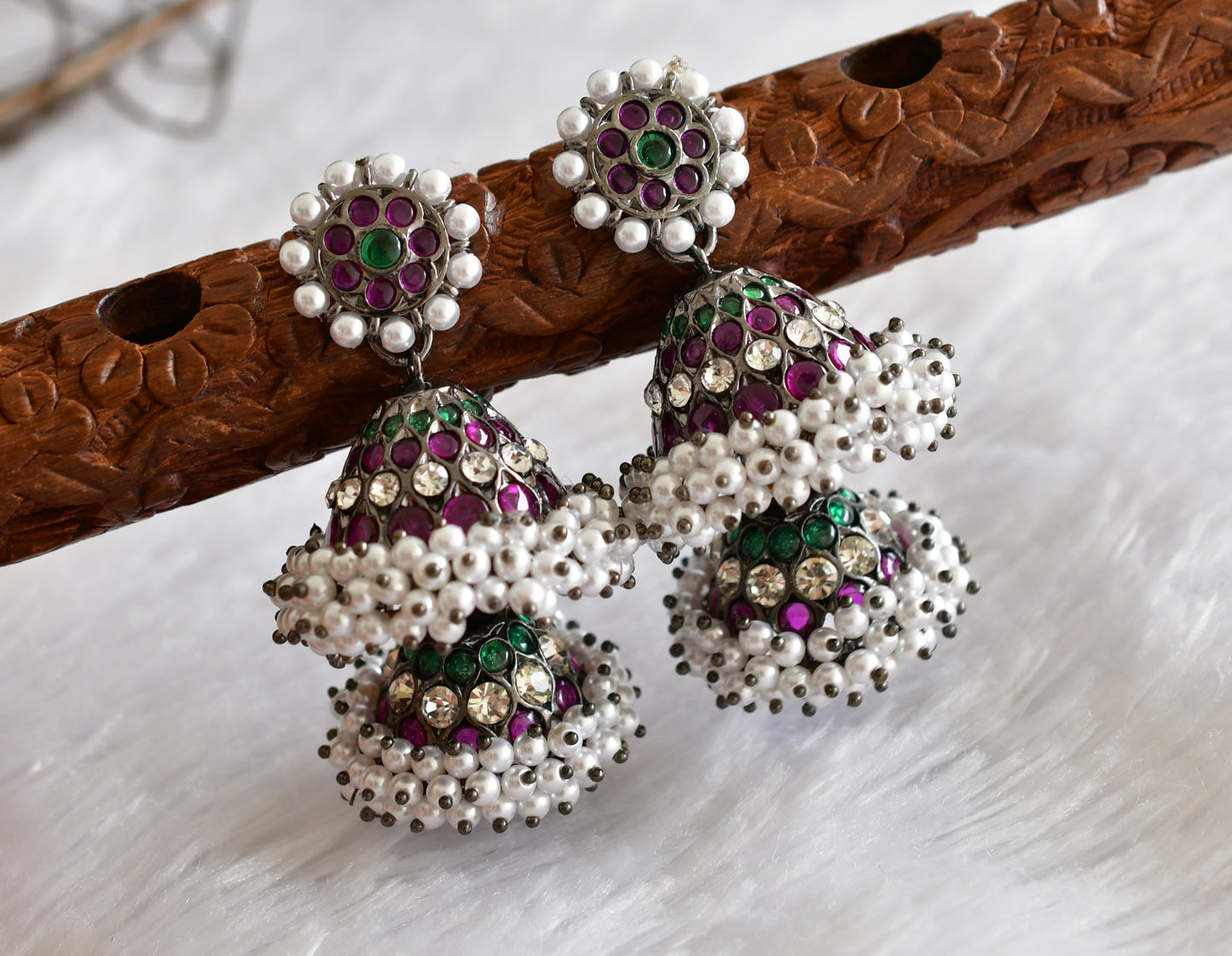 Black finish precious kemp-green-white stone pearl big step jhumkka dj-51770