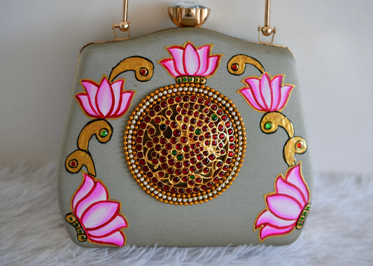 Tanjore painted grey silk clutch dj-52655