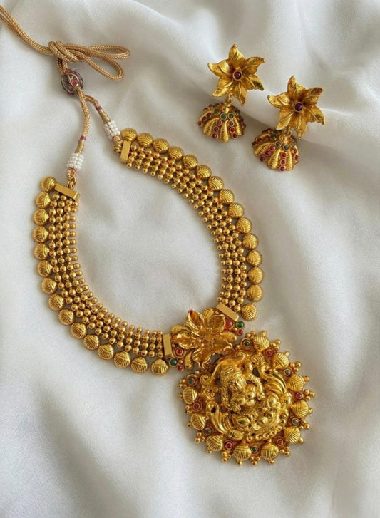 Antique gold tone Kemp Green Lakshmi Necklace Set- DJ05350