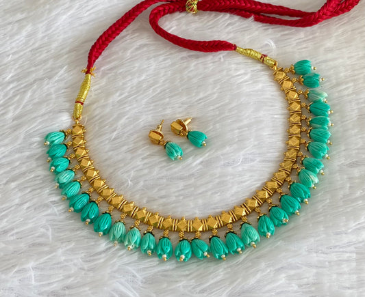 Antique gold tone dark green tulip beaded necklace set dj-54368