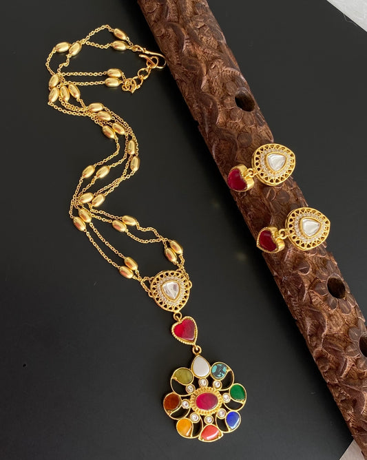 Gold tone navarathna double layer kundan jadau necklace set dj-54184