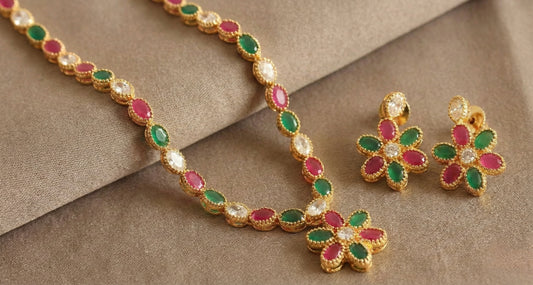 Gold tone cz ruby-green-white flower necklace set DJ10780
