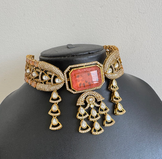 Antique gold tone cz kundan peach choker necklace set dj-51080
