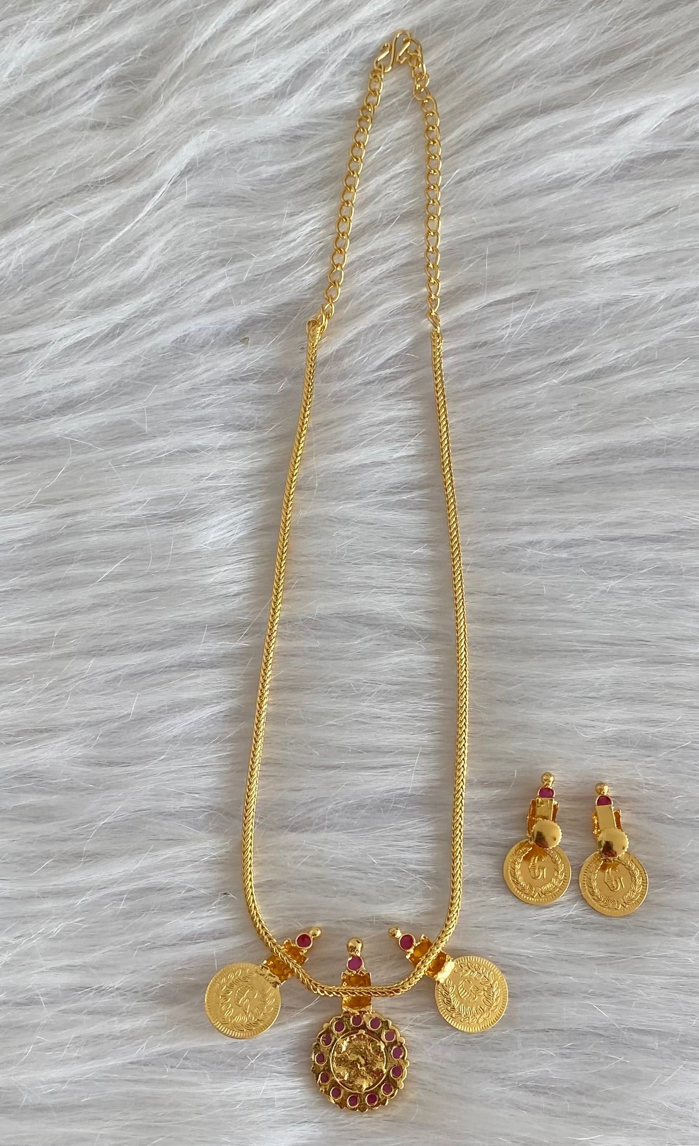 Gold tone pink-green stone lakshmi coin necklace set dj-54123