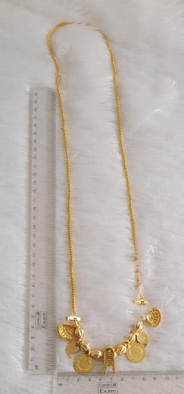 Gold tone 30 inches rope chain with pink-white stone mango lakshmi coin thiru mangalyam dj-46874