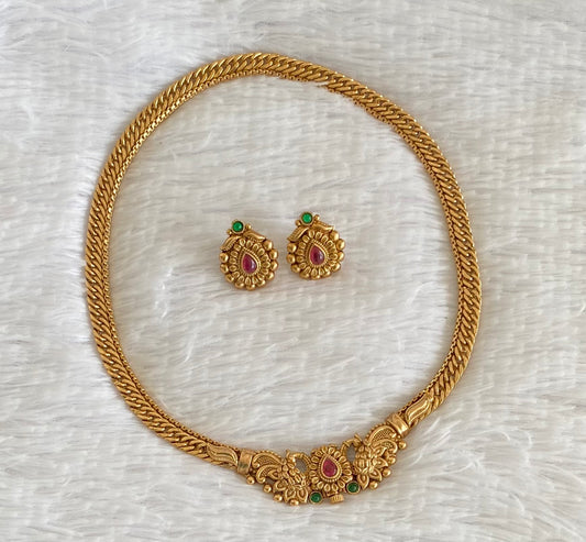 Antique gold tone kemp-green peacock front lock screw necklace set dj-54072