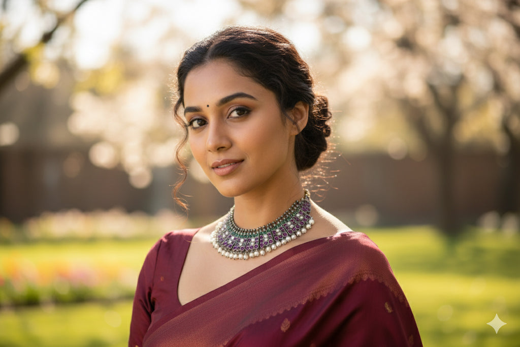 Black finish precious kemp-green pearl poothali necklace dj-52279