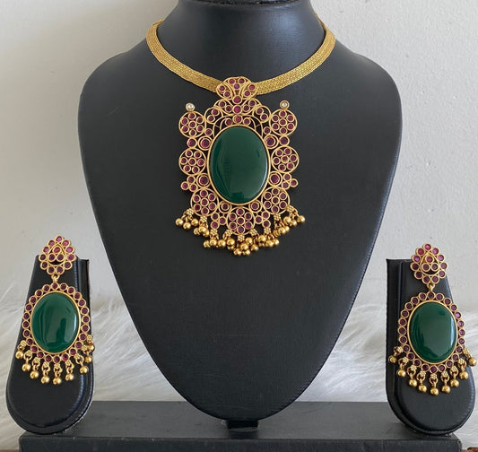 Matte finish big green oval stone pendant choker necklace set dj-53987