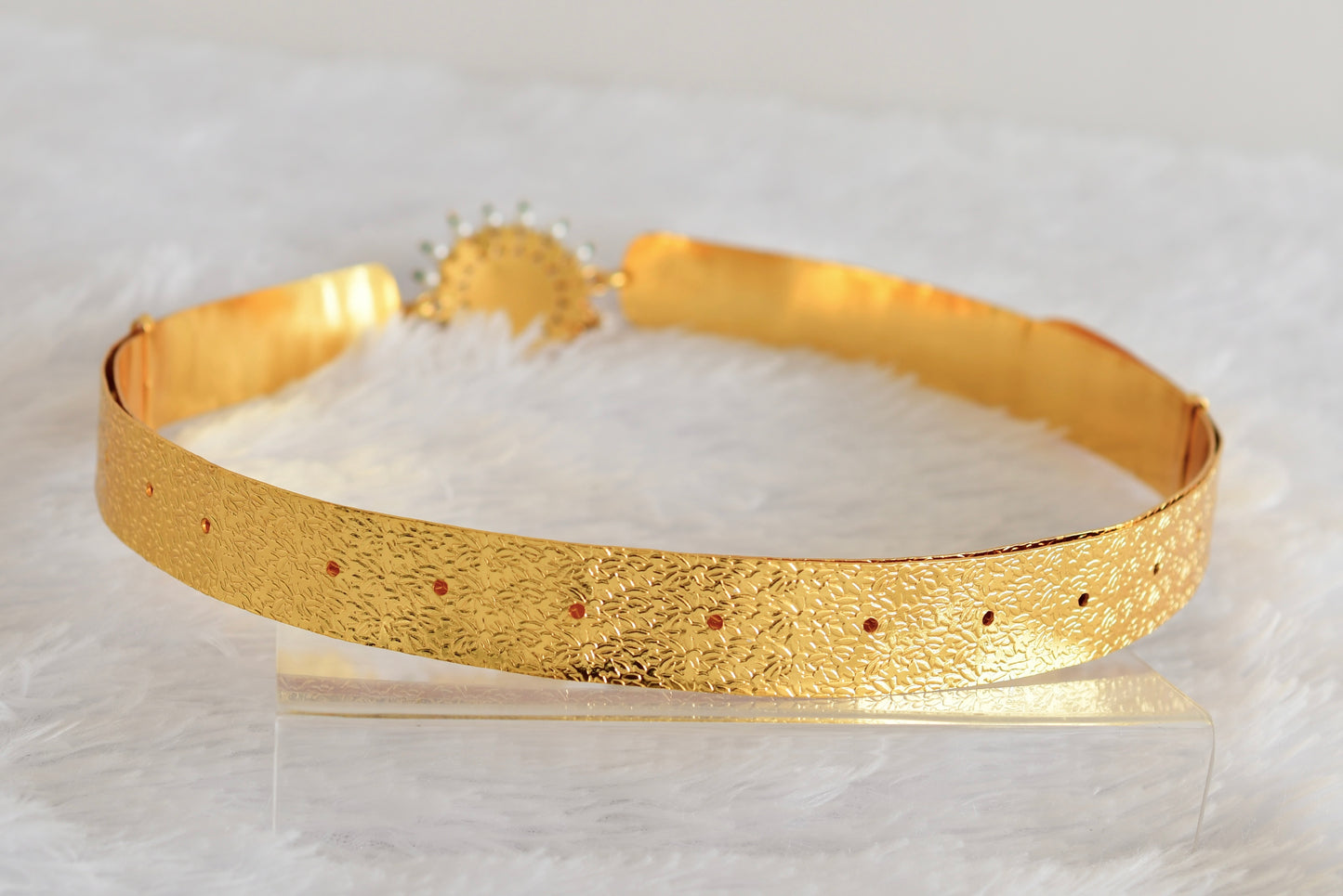 Gold tone pink-green-white kundan jadau round mango waist band dj-52170