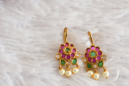 Gold tone kemp-green-white flower bugadi earrings dj-52498