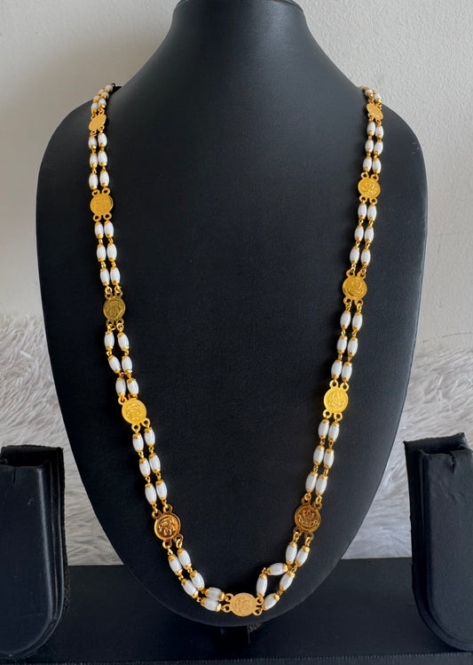 Gold tone 30 inches white beaded Lakshmi coin chain dj-51841