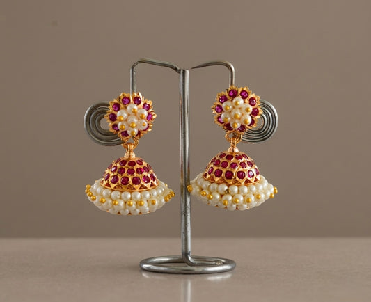 Gold tone South Indian style pink pearl jhumkka dj-51886