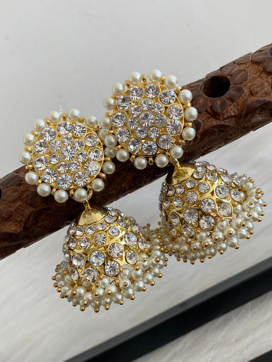 Gold tone precious white stone pearl big jhumkka dj-53906