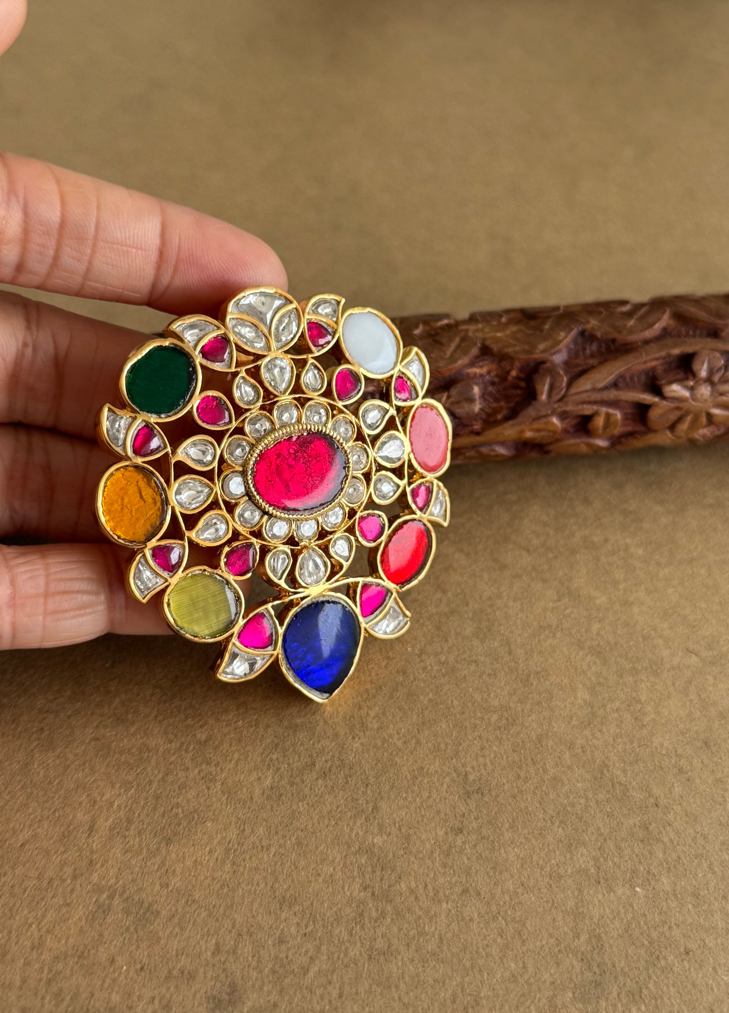 Gold tone navarathna kundan jadau flower pendant dj-51587