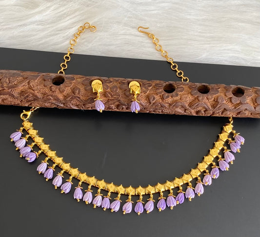 Antique gold tone purple tulip beaded necklace set dj-54038