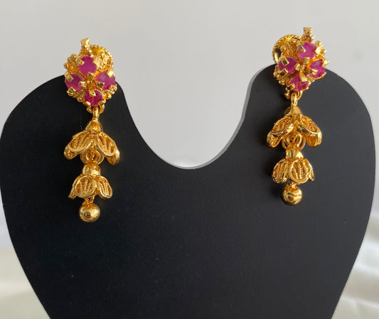 Gold tone pink stone screw back step jhumkka-dj52890