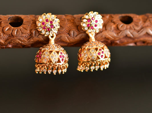 Gold tone south indian style AD pink-white jhumkka dj-50498