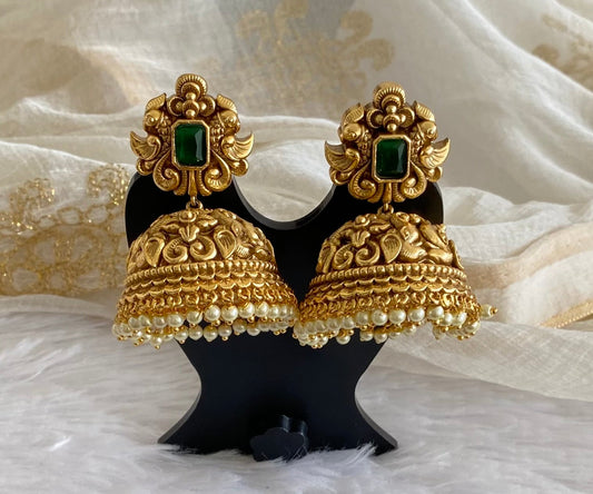 Antique gold tone green nakshi huge elephant pearl jhumkka dj-54039