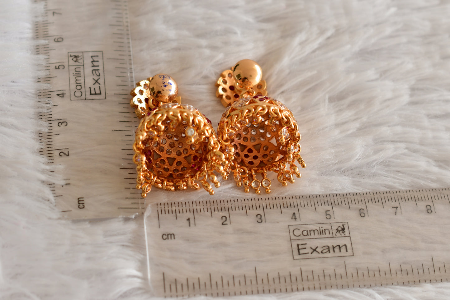 Gold tone south indian style AD pink-green-white jhumkka dj-50497