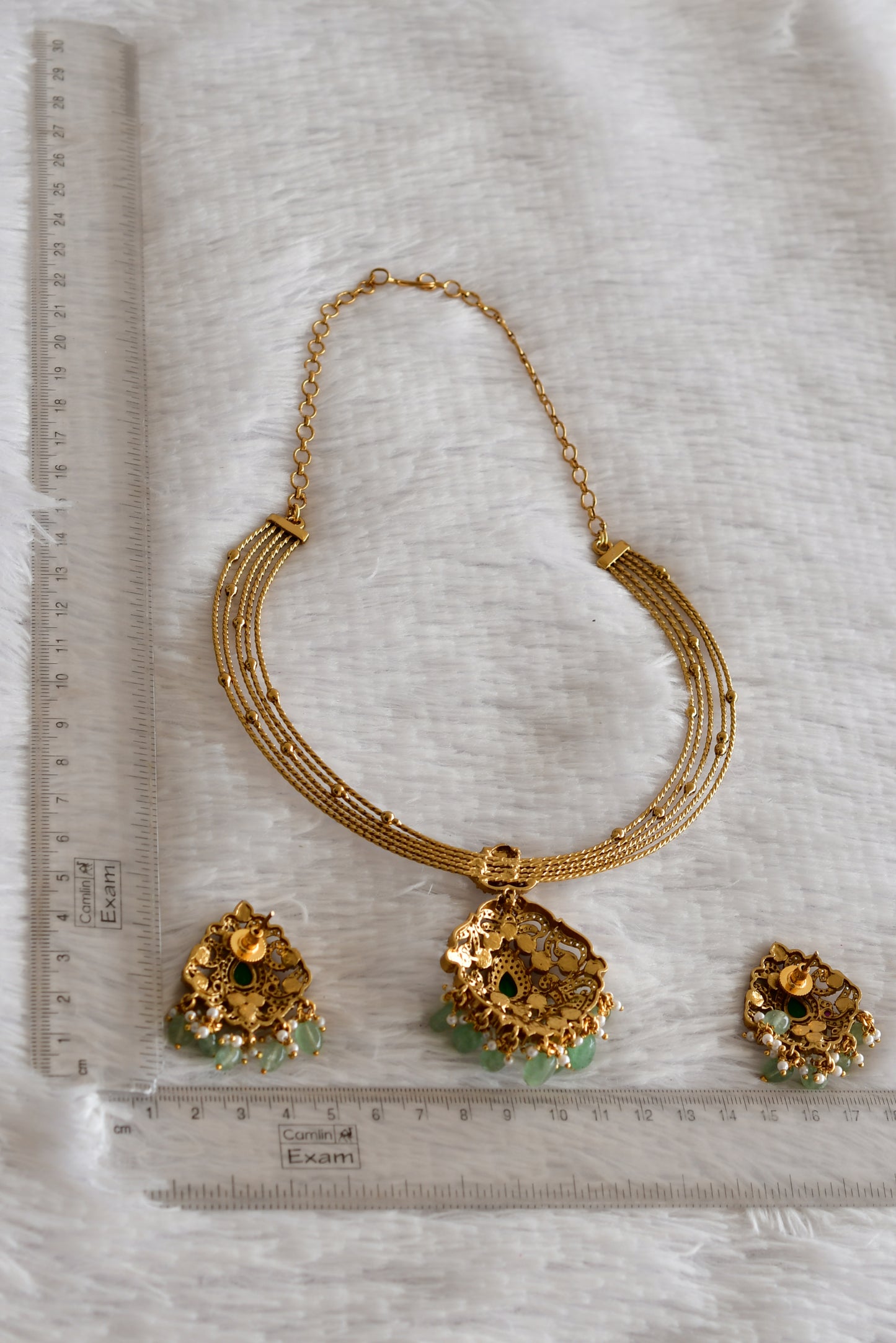 Antique gold tone pink-green kundan jadau kante necklace set dj-52422