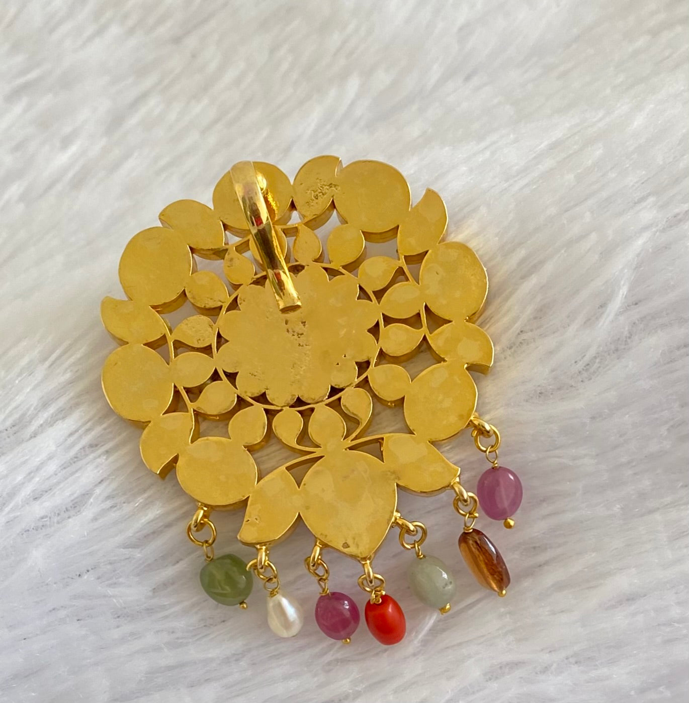 Gold tone navarathna kundan jadau flower pendant dj-51587