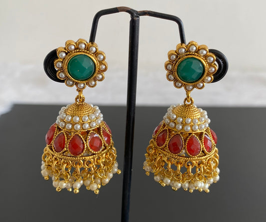 Antique gold tone red-green pearl jhumkka dj-52931
