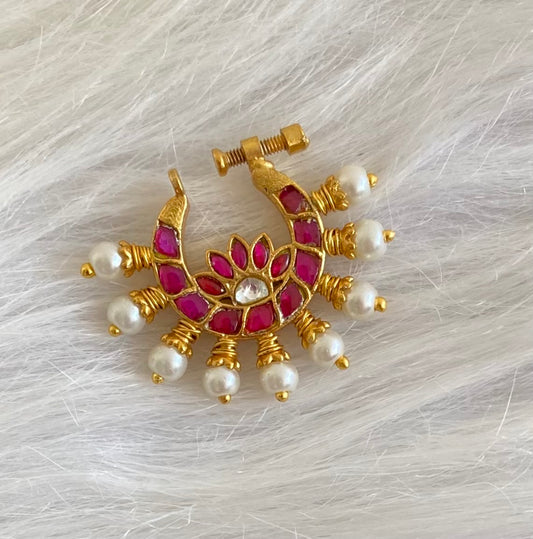 Gold tone kundan jadau pink-white stone pearl nose pin dj-53715
