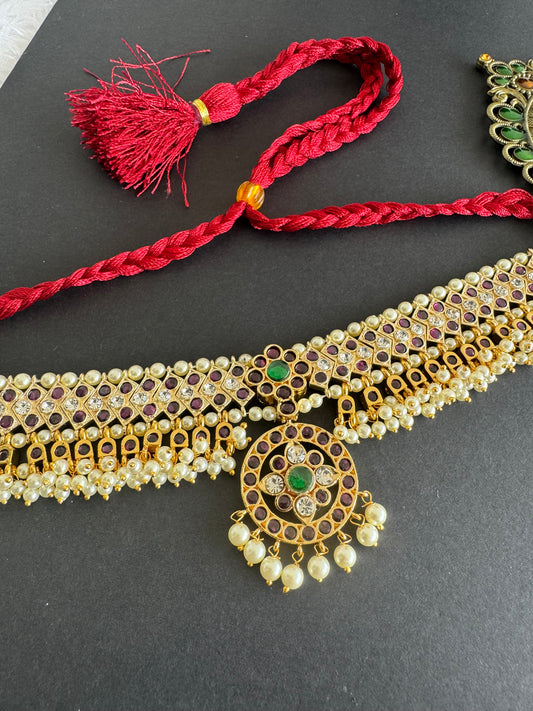 Gold tone precious kemp-green pearl attigai/necklace dj-52003