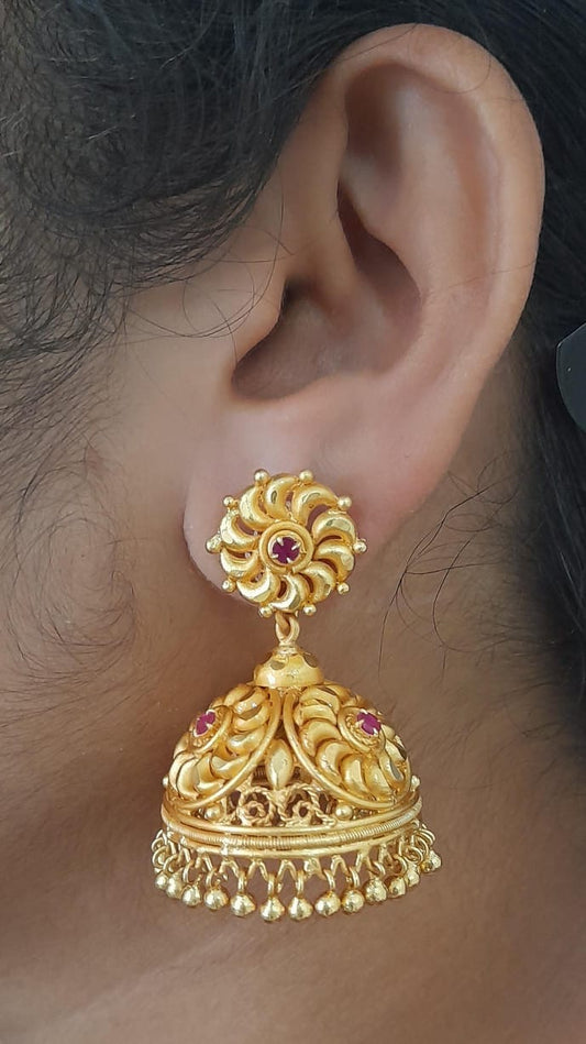 Gold tone pink Kerala style big flower jhumkka dj-41773