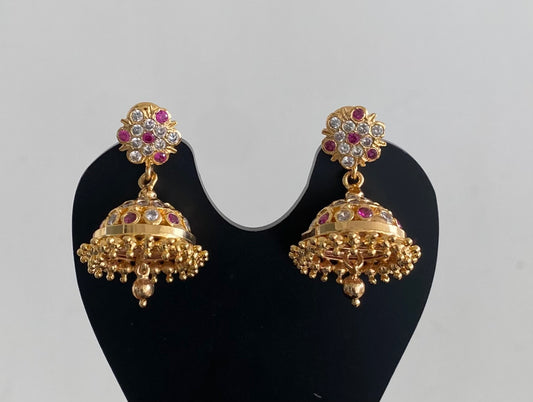 Gold tone ad pink-white stone south Indian jhumkka dj-54895