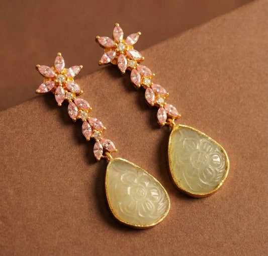 Gold tone baby pink-cream carved stone earrings-dj52593