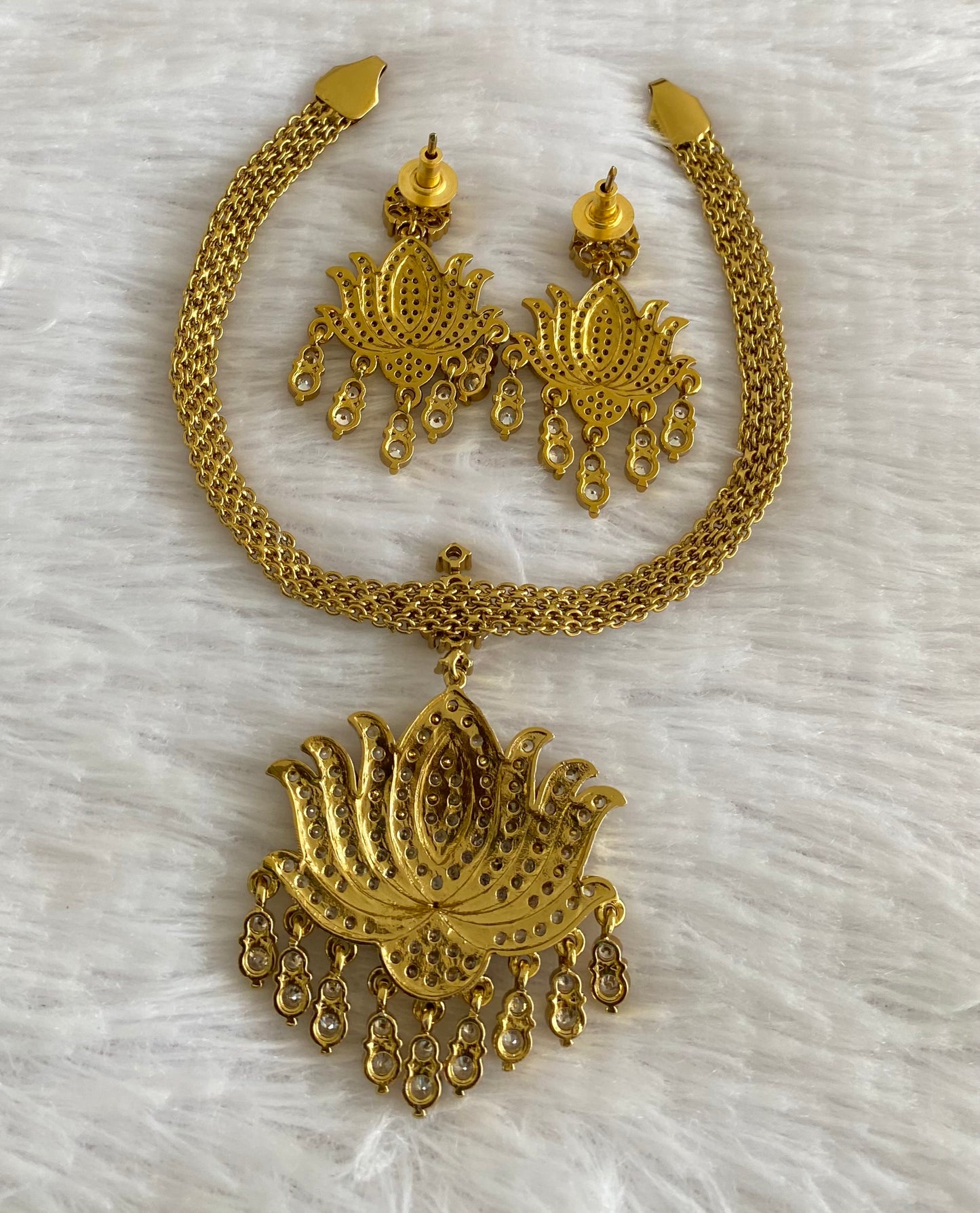 Dark antique finish white stone lotus necklace set dj-53602